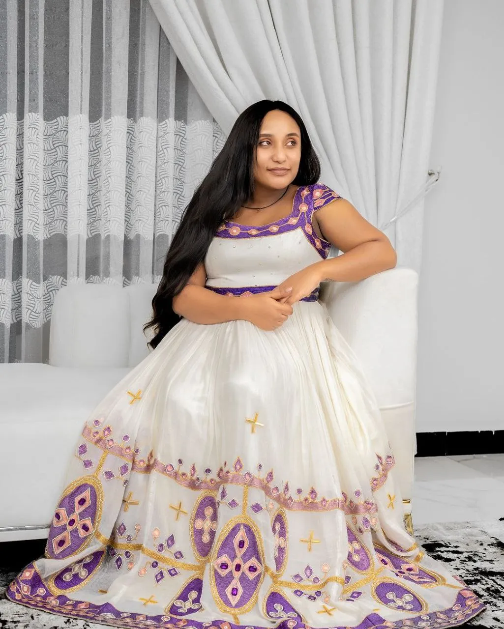 Purple Elegance in Ethiopian Traditional Dress: Handmade Cultural Adornments Habesha Kemis Beautiful Ethiopian Wedding Dress