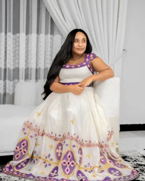 Purple Elegance in Ethiopian Traditional Dress: Handmade Cultural Adornments Habesha Kemis Beautiful Ethiopian Wedding Dress