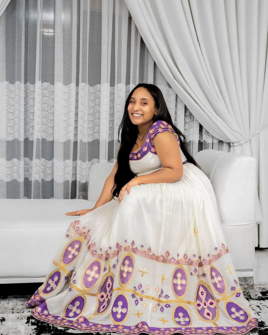 Purple Elegance in Ethiopian Traditional Dress: Handmade Cultural Adornments Habesha Kemis Beautiful Ethiopian Wedding Dress