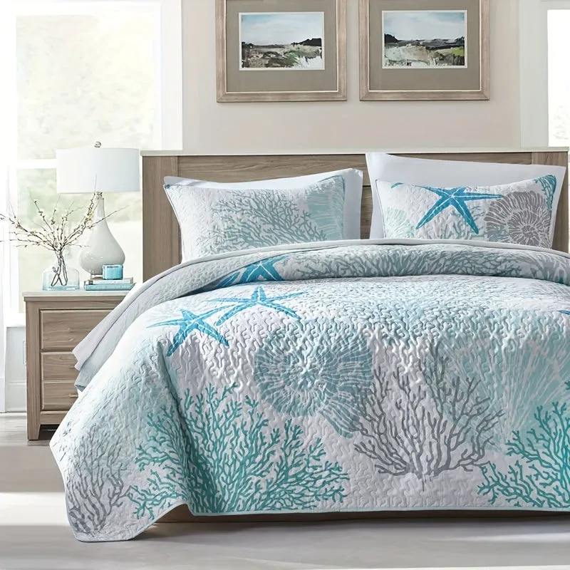 "Oceanic Flair" Soft & Lightweight 3pcs Coastal Bedding Set - Reversible Microfiber Quilt Cover With Coral Starfish Design, Includes 1 Quilt Cover And 2 Pillowcases (No Insert) - Perfect For All Seasons