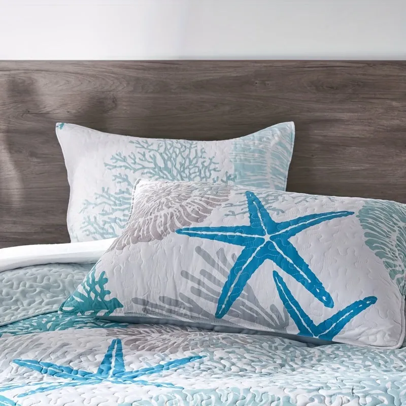 "Oceanic Flair" Soft & Lightweight 3pcs Coastal Bedding Set - Reversible Microfiber Quilt Cover With Coral Starfish Design, Includes 1 Quilt Cover And 2 Pillowcases (No Insert) - Perfect For All Seasons