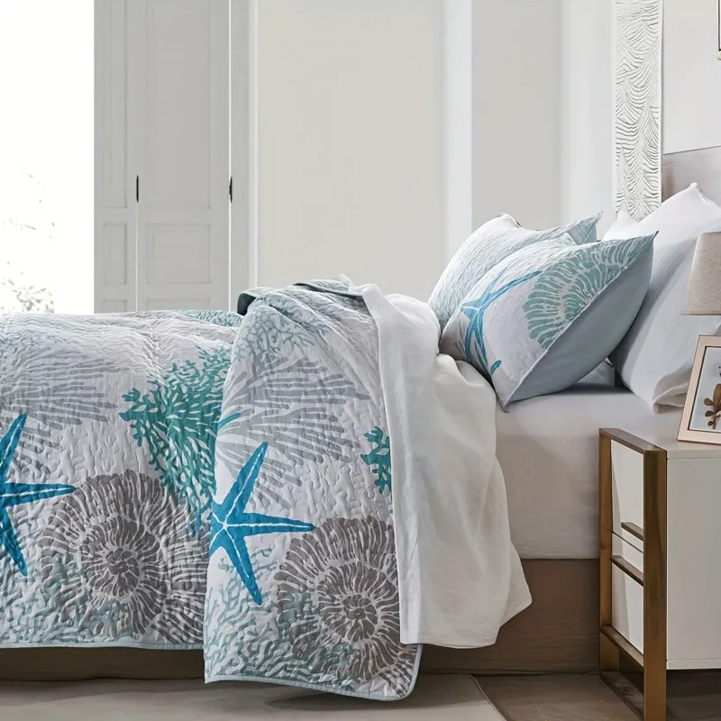"Oceanic Flair" Soft & Lightweight 3pcs Coastal Bedding Set - Reversible Microfiber Quilt Cover With Coral Starfish Design, Includes 1 Quilt Cover And 2 Pillowcases (No Insert) - Perfect For All Seasons