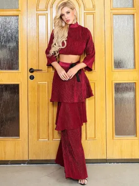 Red Corduroy Layered Ruffle Top & Skirt