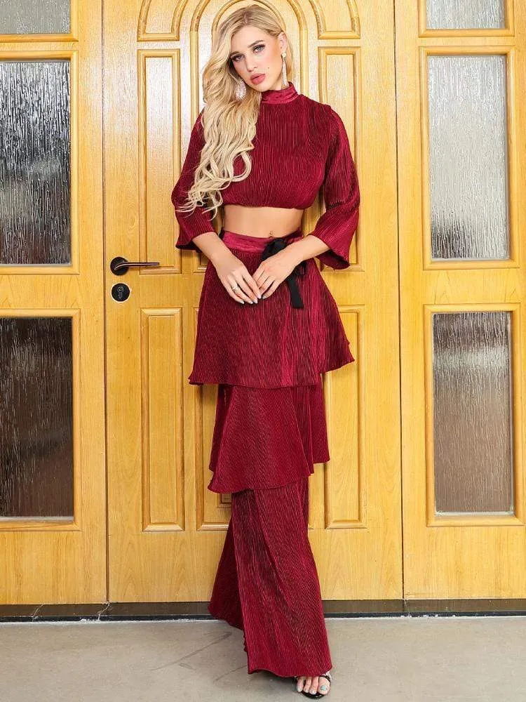 Red Corduroy Layered Ruffle Top & Skirt