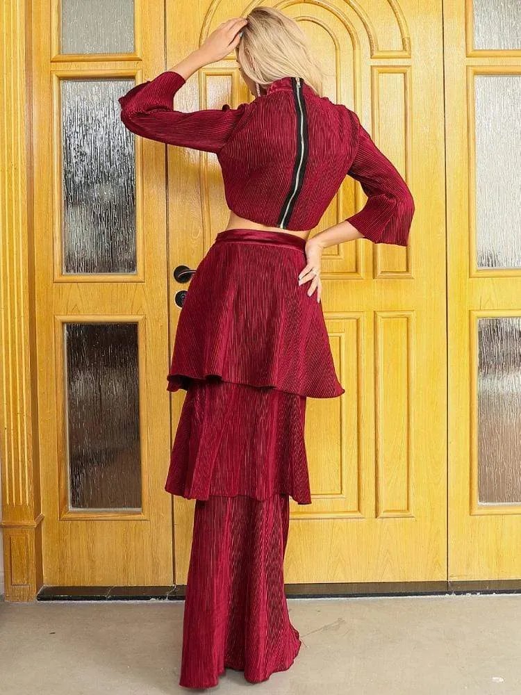 Red Corduroy Layered Ruffle Top & Skirt