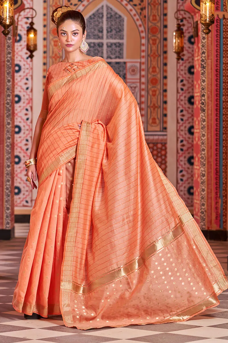 Redolent Orange Linen Cotton Silk Saree With Vestigial Blouse Piece