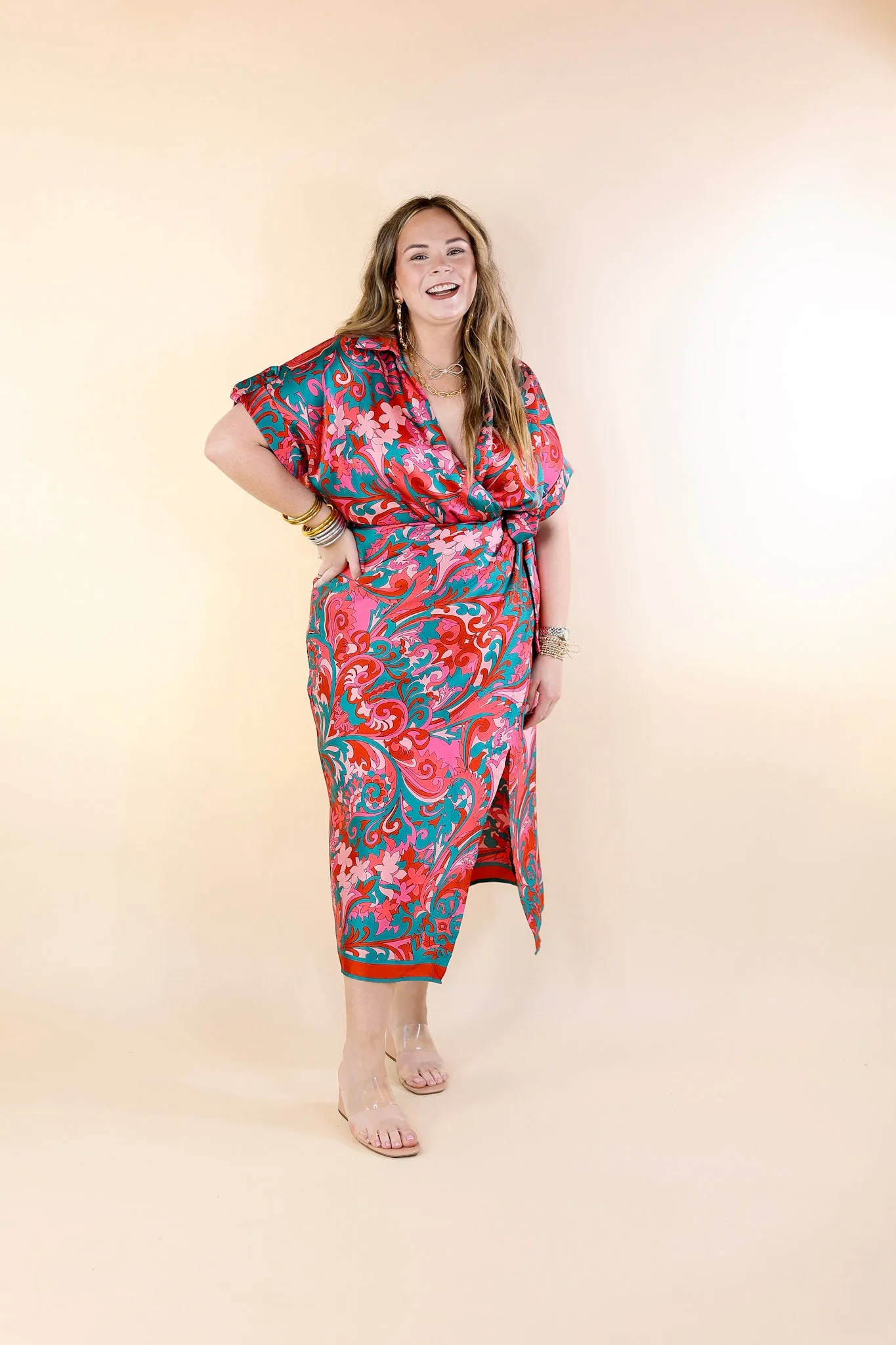 Room With A View Baroque Print Wrap Midi Dress in Pink and Teal