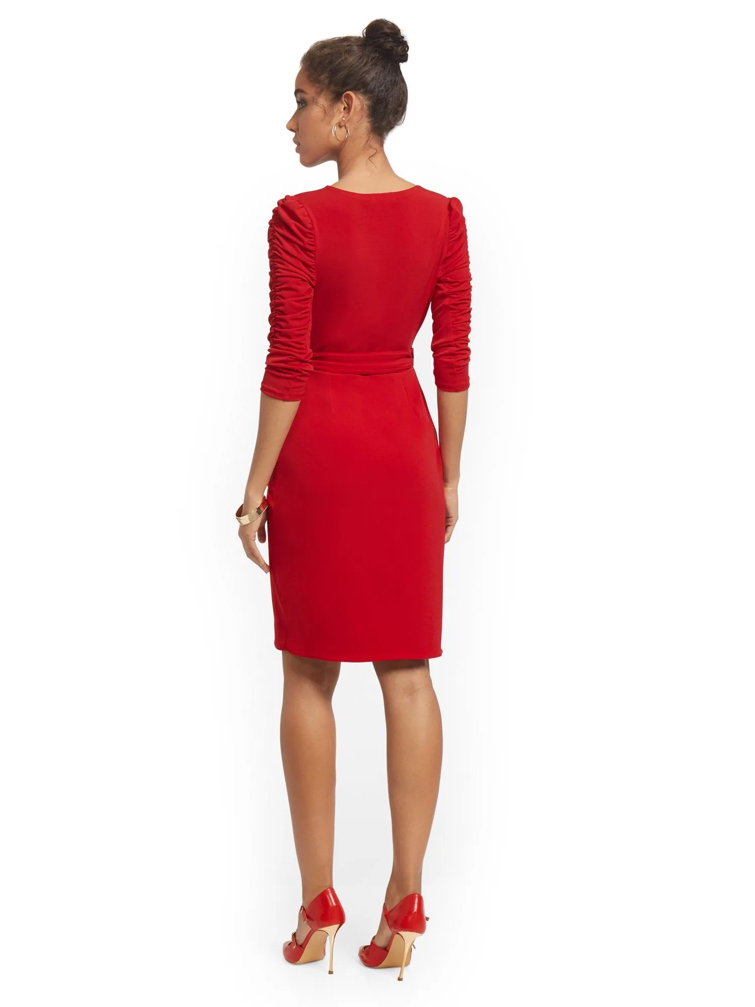 Ruched-Sleeve Wrap Dress