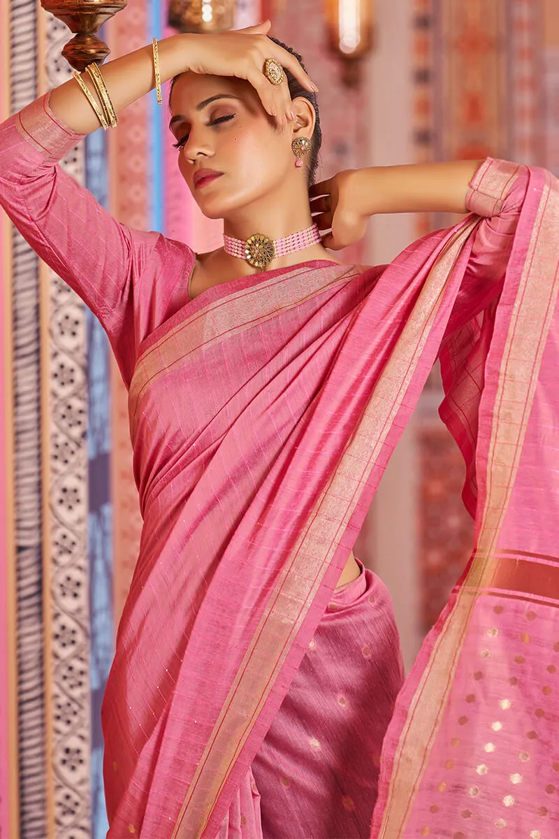 Sempiternal Pink Linen Cotton Silk Saree With Denouement Blouse Piece
