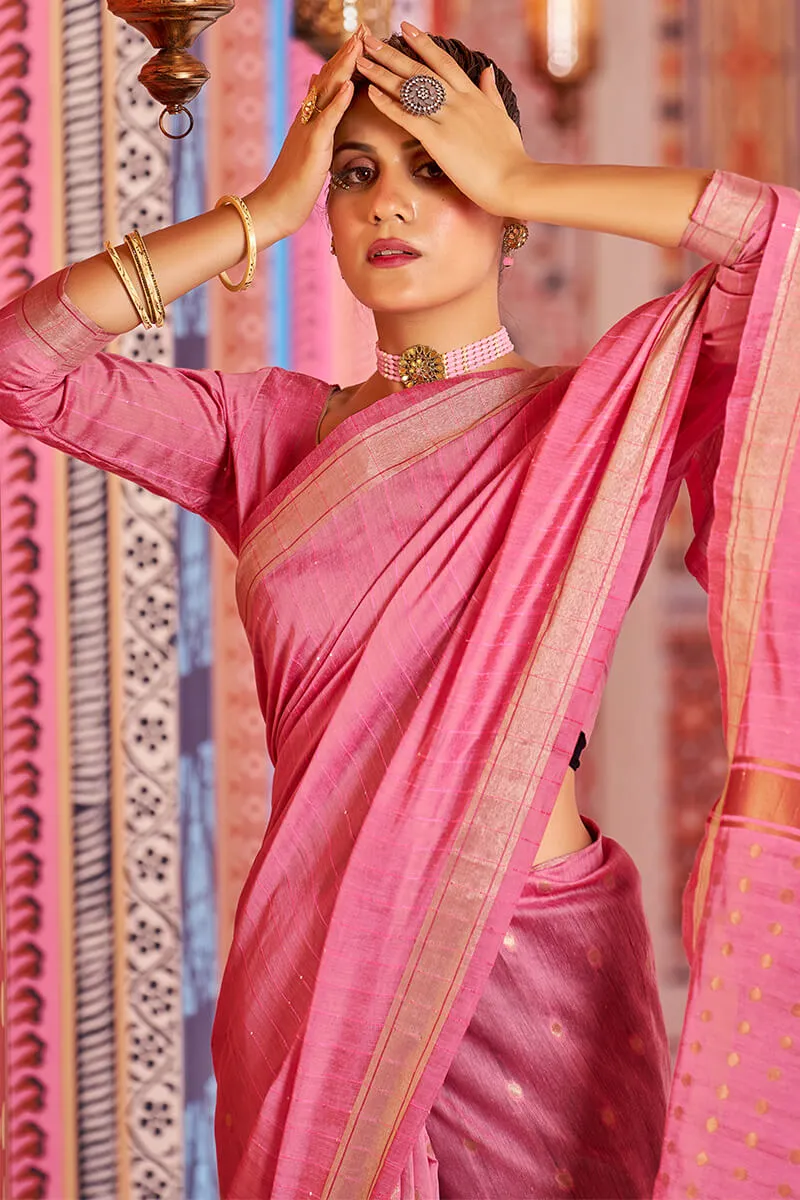 Sempiternal Pink Linen Cotton Silk Saree With Denouement Blouse Piece