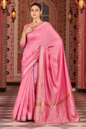 Sempiternal Pink Linen Cotton Silk Saree With Denouement Blouse Piece