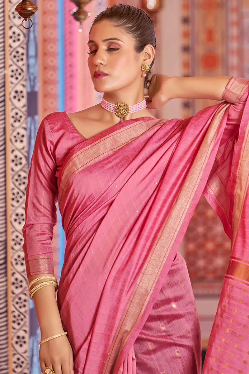 Sempiternal Pink Linen Cotton Silk Saree With Denouement Blouse Piece