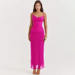 Sexy Cowl Neck Lace Bustier Sleeveless Maxi Corset Slip Dress - Hot Pink