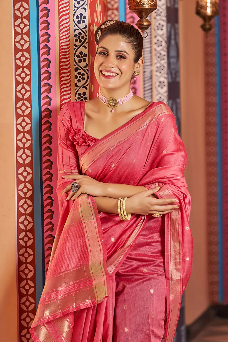 Splendiferous Red Linen Cotton Silk Saree With Amiable Blouse Piece