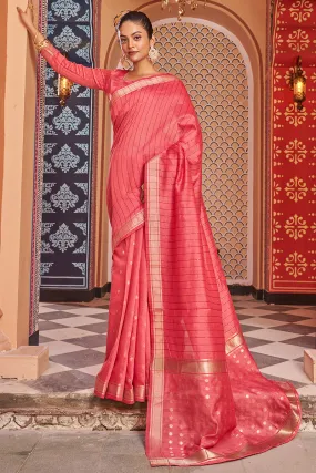 Symmetrical Tomato Linen Cotton Silk Saree With Scrumptious Blouse Piece