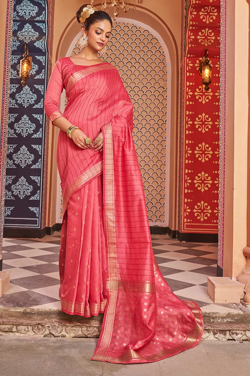 Symmetrical Tomato Linen Cotton Silk Saree With Scrumptious Blouse Piece