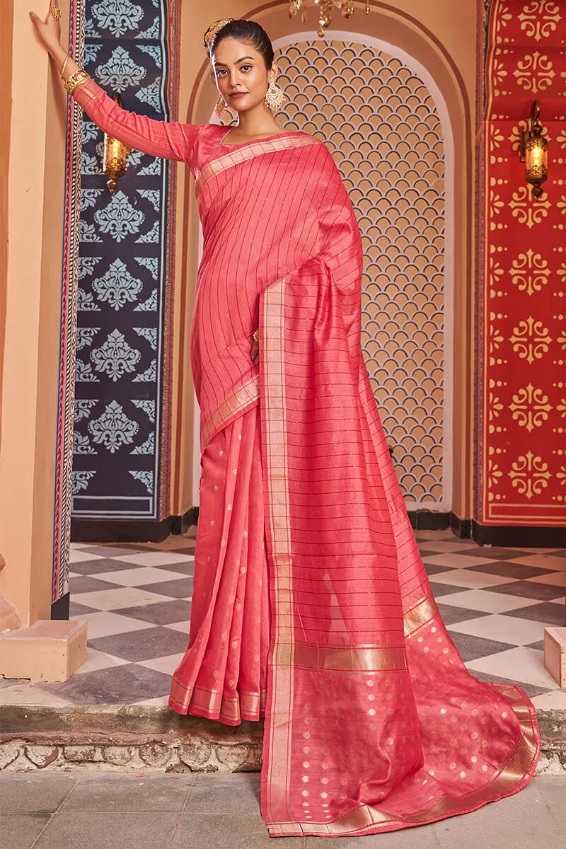 Symmetrical Tomato Linen Cotton Silk Saree With Scrumptious Blouse Piece