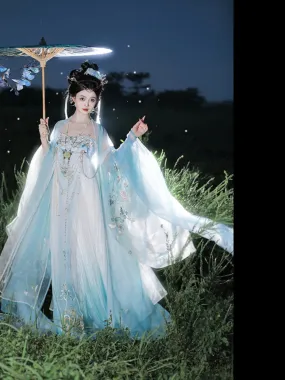 Tang Dynasty | Princess Ensemble: Embroidered Chest-length Wrap Skirt & Flowing Blue Big-sleeved Dress