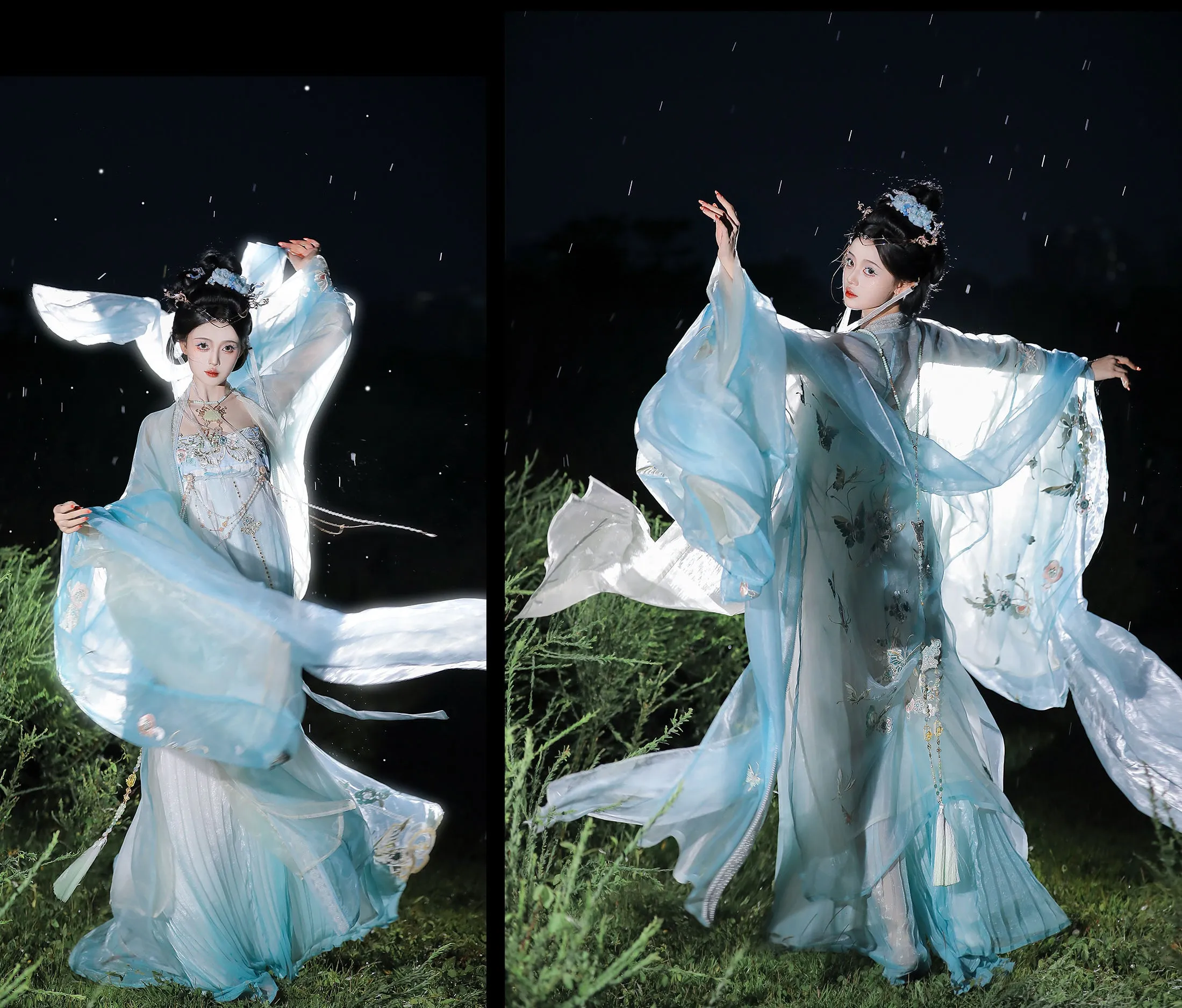 Tang Dynasty | Princess Ensemble: Embroidered Chest-length Wrap Skirt & Flowing Blue Big-sleeved Dress