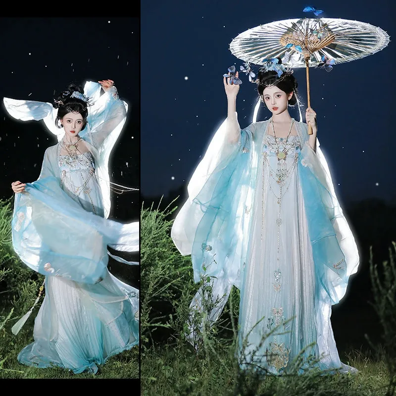 Tang Dynasty | Princess Ensemble: Embroidered Chest-length Wrap Skirt & Flowing Blue Big-sleeved Dress