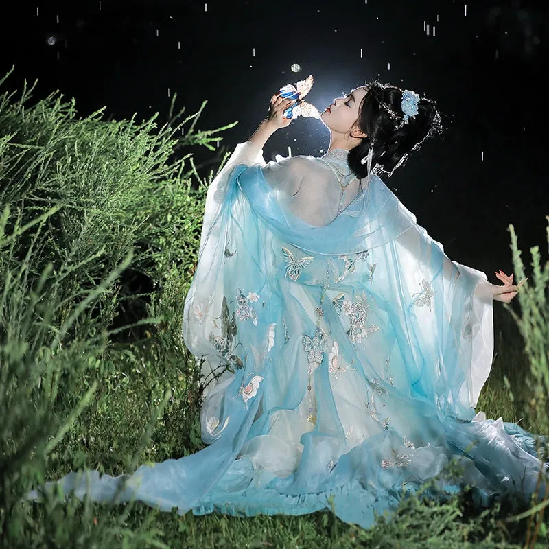 Tang Dynasty | Princess Ensemble: Embroidered Chest-length Wrap Skirt & Flowing Blue Big-sleeved Dress
