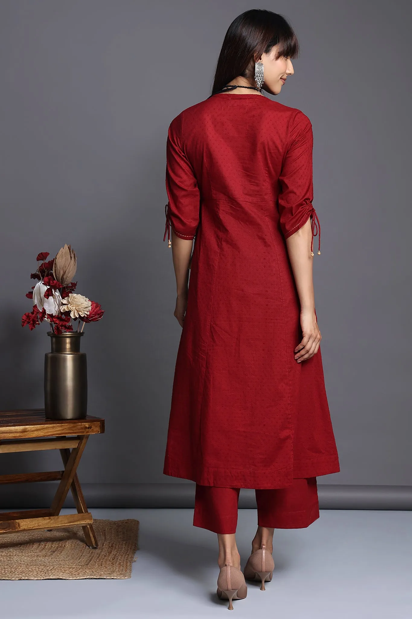 tie-up angrakha kurta - opulent maroon & gilded blooms