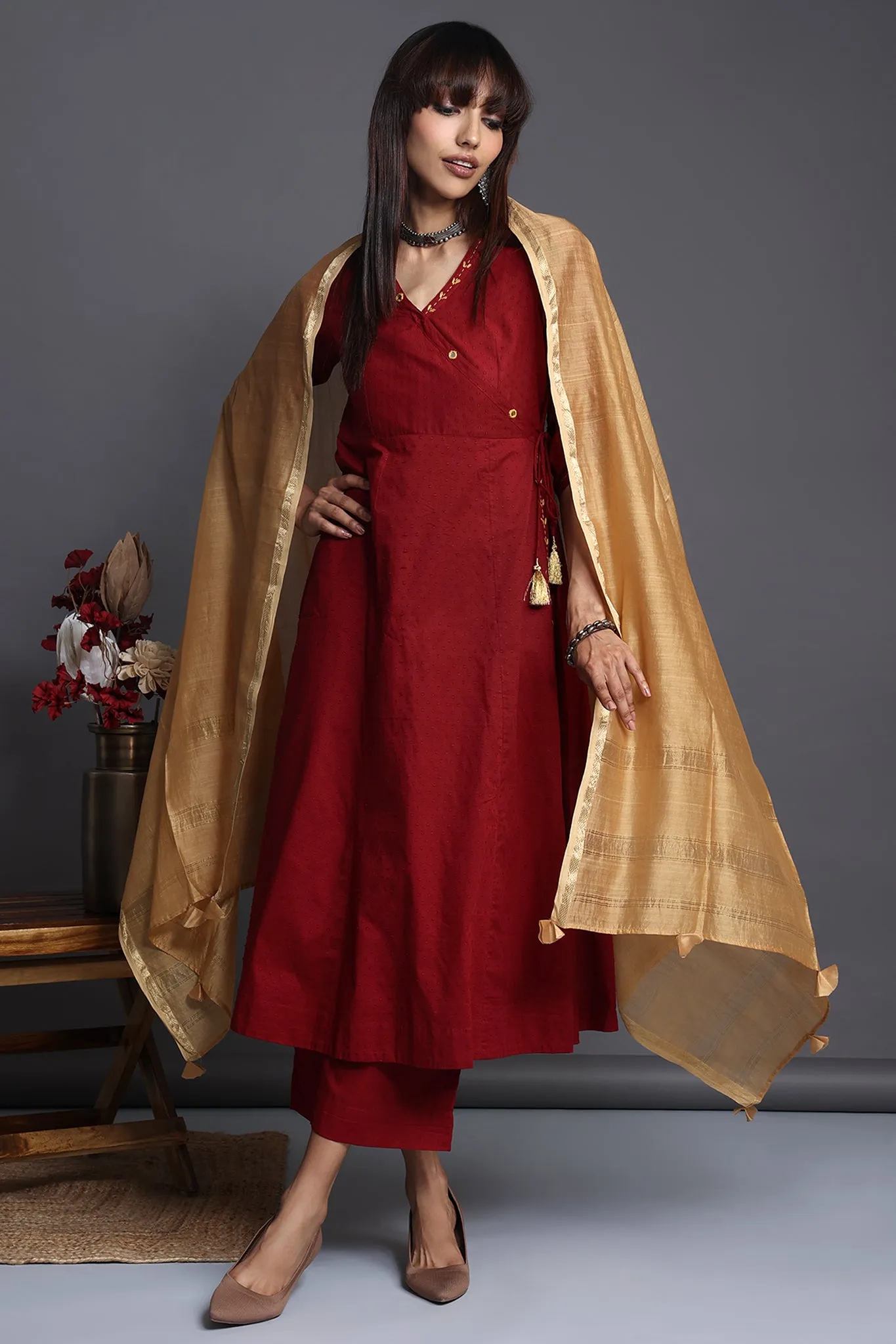 tie-up angrakha kurta - opulent maroon & gilded blooms