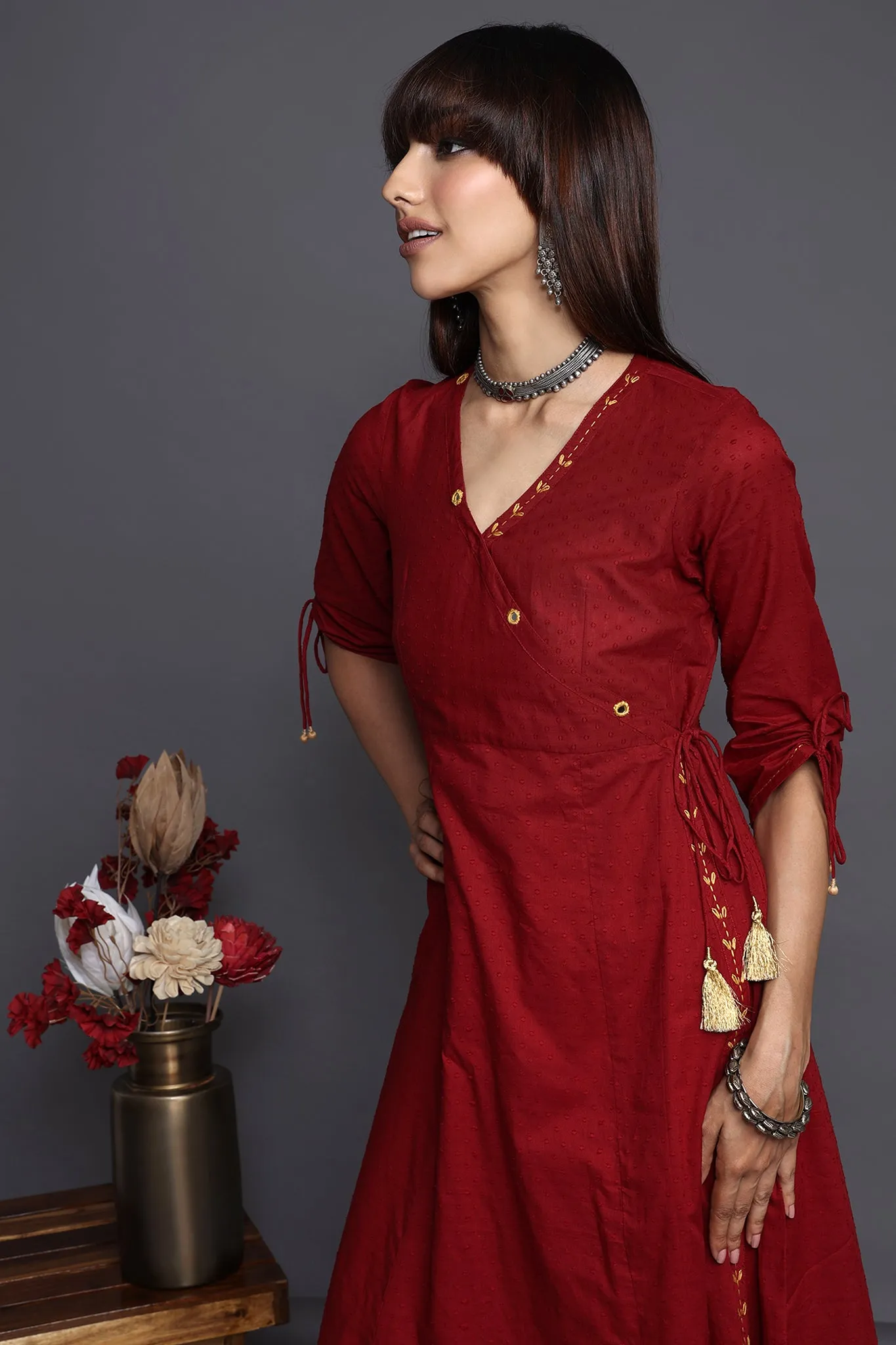 tie-up angrakha kurta - opulent maroon & gilded blooms