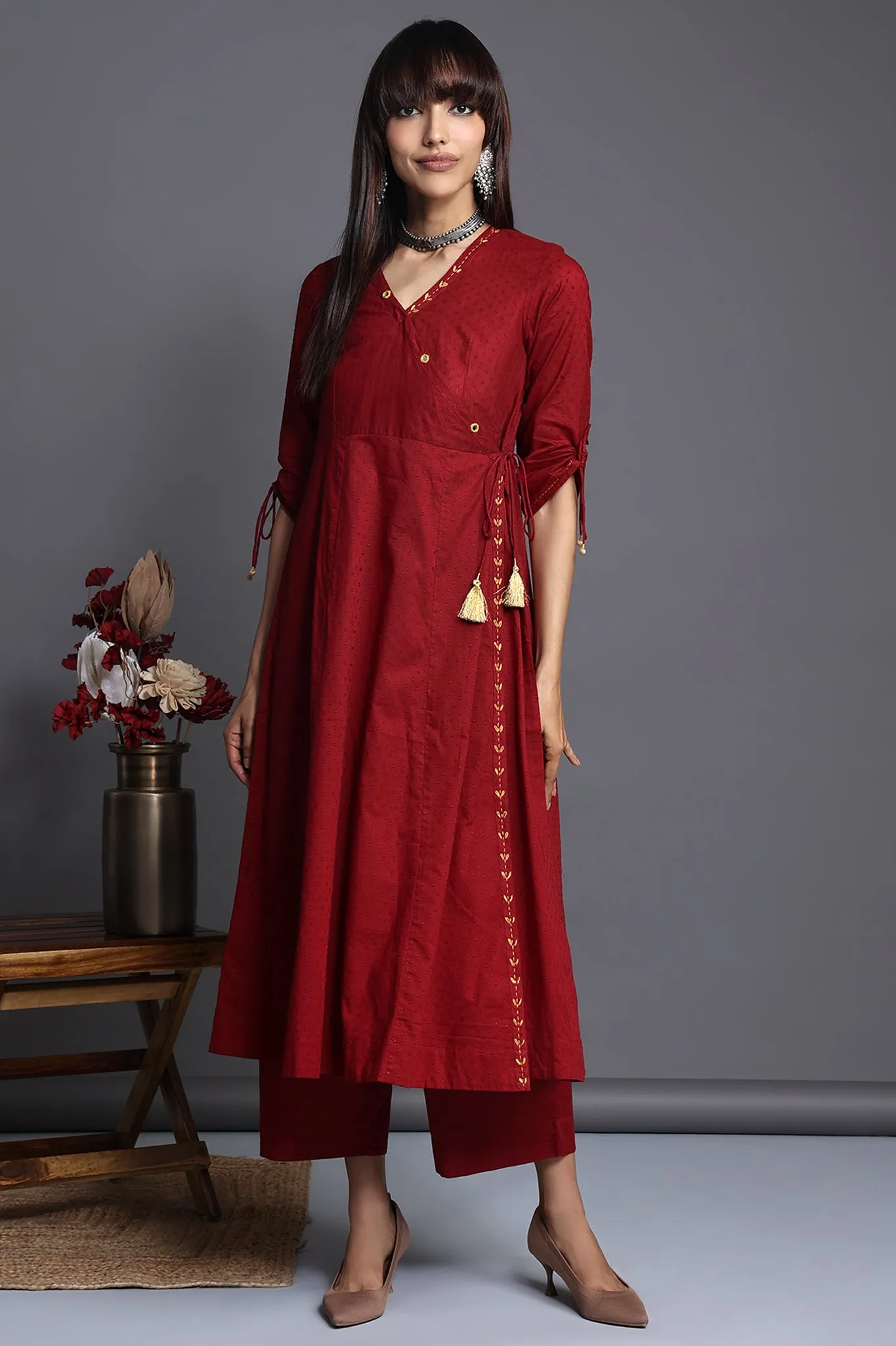 tie-up angrakha kurta - opulent maroon & gilded blooms