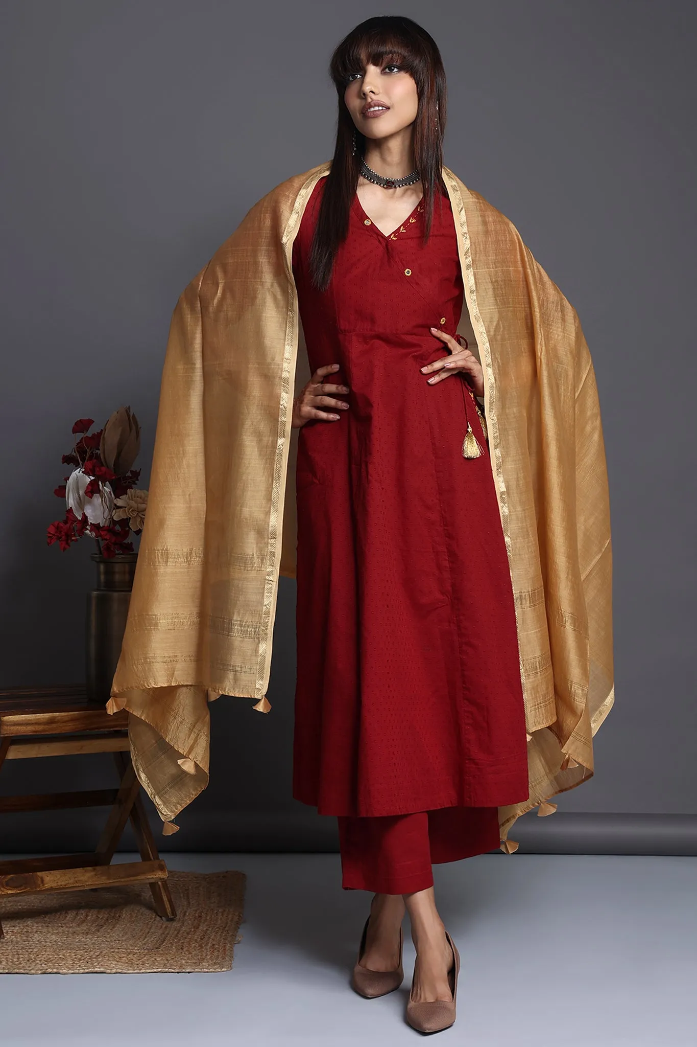 tie-up angrakha kurta - opulent maroon & gilded blooms
