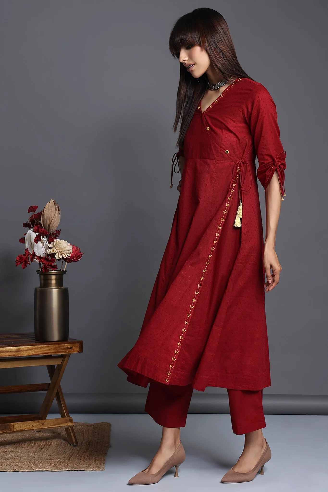 tie-up angrakha kurta - opulent maroon & gilded blooms