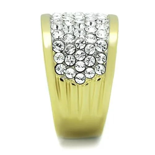 Two-Tone IP Gold (Ion Plating) Stainless Steel Ring with Top Grade Crystal in Clear for Women Style TK1545