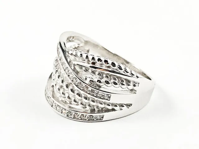 Unique Layered Twist & Cross Pattern CZ Silver Ring