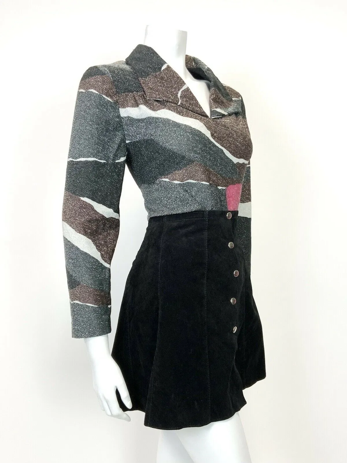 VINTAGE 60s 70s BLACK BROWN PINK ABSTRACT GLITTER LUREX SHIRT BLOUSE 14 16