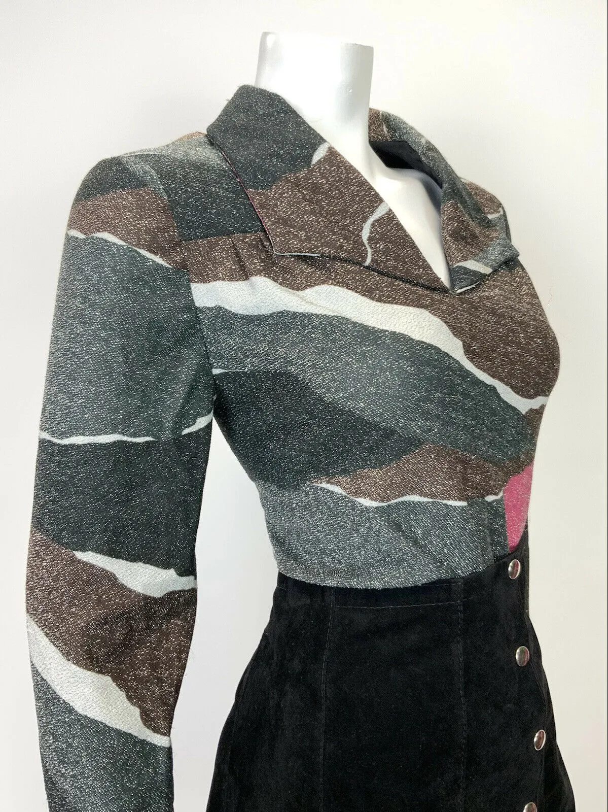 VINTAGE 60s 70s BLACK BROWN PINK ABSTRACT GLITTER LUREX SHIRT BLOUSE 14 16