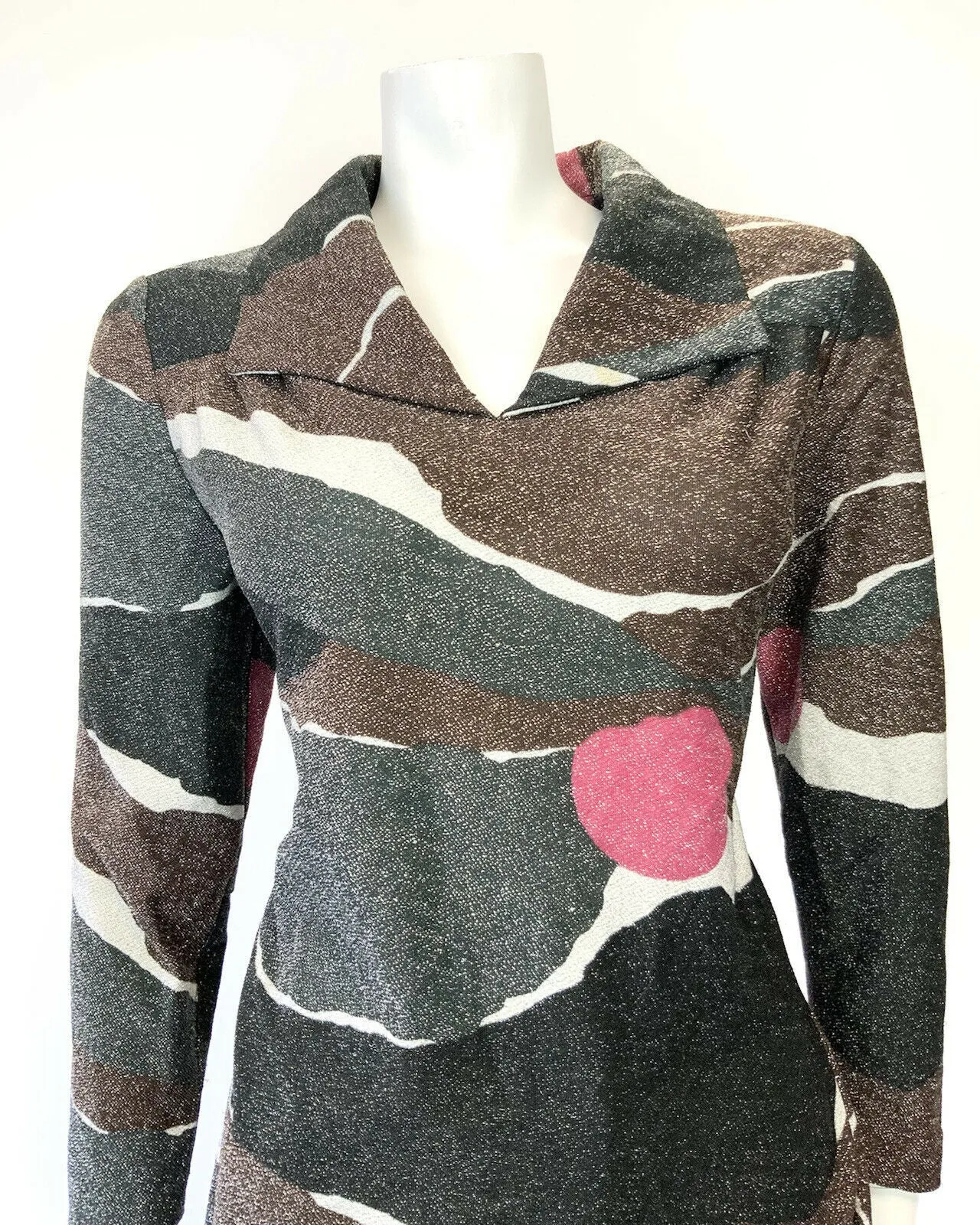 VINTAGE 60s 70s BLACK BROWN PINK ABSTRACT GLITTER LUREX SHIRT BLOUSE 14 16