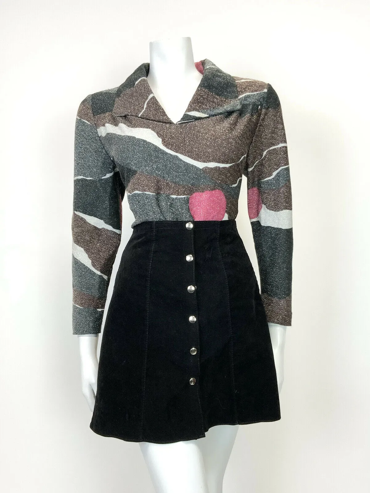 VINTAGE 60s 70s BLACK BROWN PINK ABSTRACT GLITTER LUREX SHIRT BLOUSE 14 16