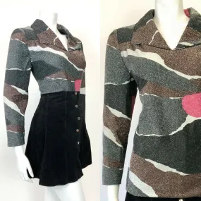 VINTAGE 60s 70s BLACK BROWN PINK ABSTRACT GLITTER LUREX SHIRT BLOUSE 14 16