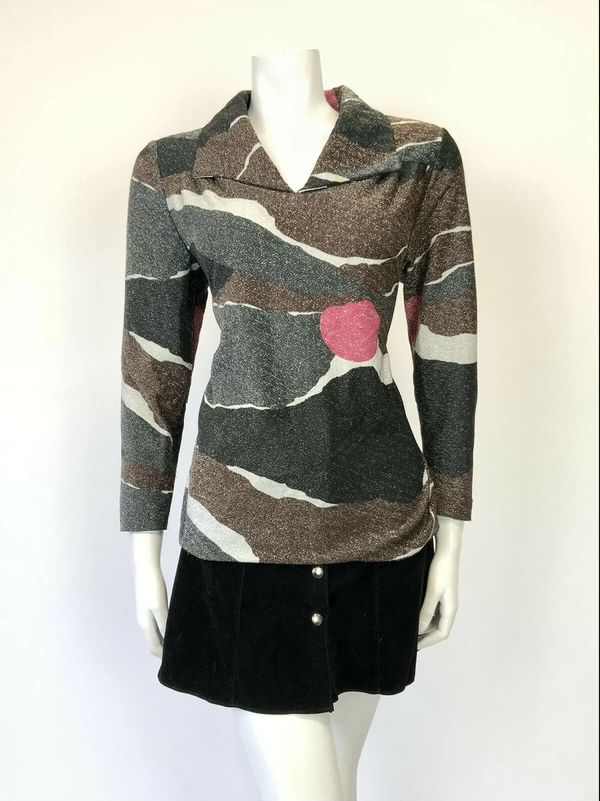 VINTAGE 60s 70s BLACK BROWN PINK ABSTRACT GLITTER LUREX SHIRT BLOUSE 14 16