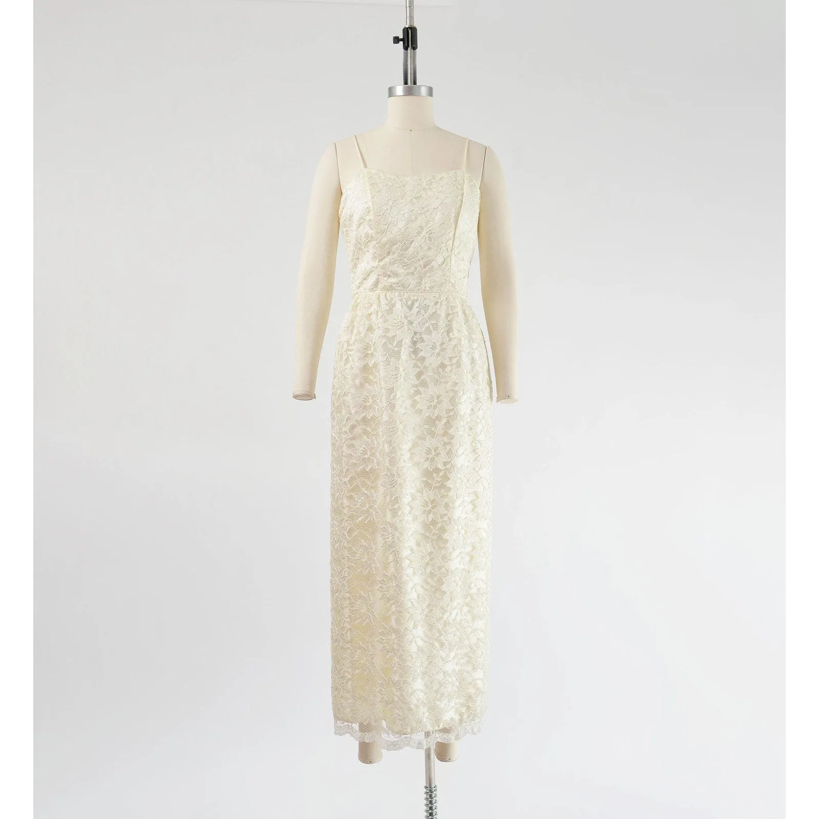 Vintage 80s does 60s Cream Lace Maxi Dress Spaghetti Strap Pencil Sheath Long Wedding Dress size XS