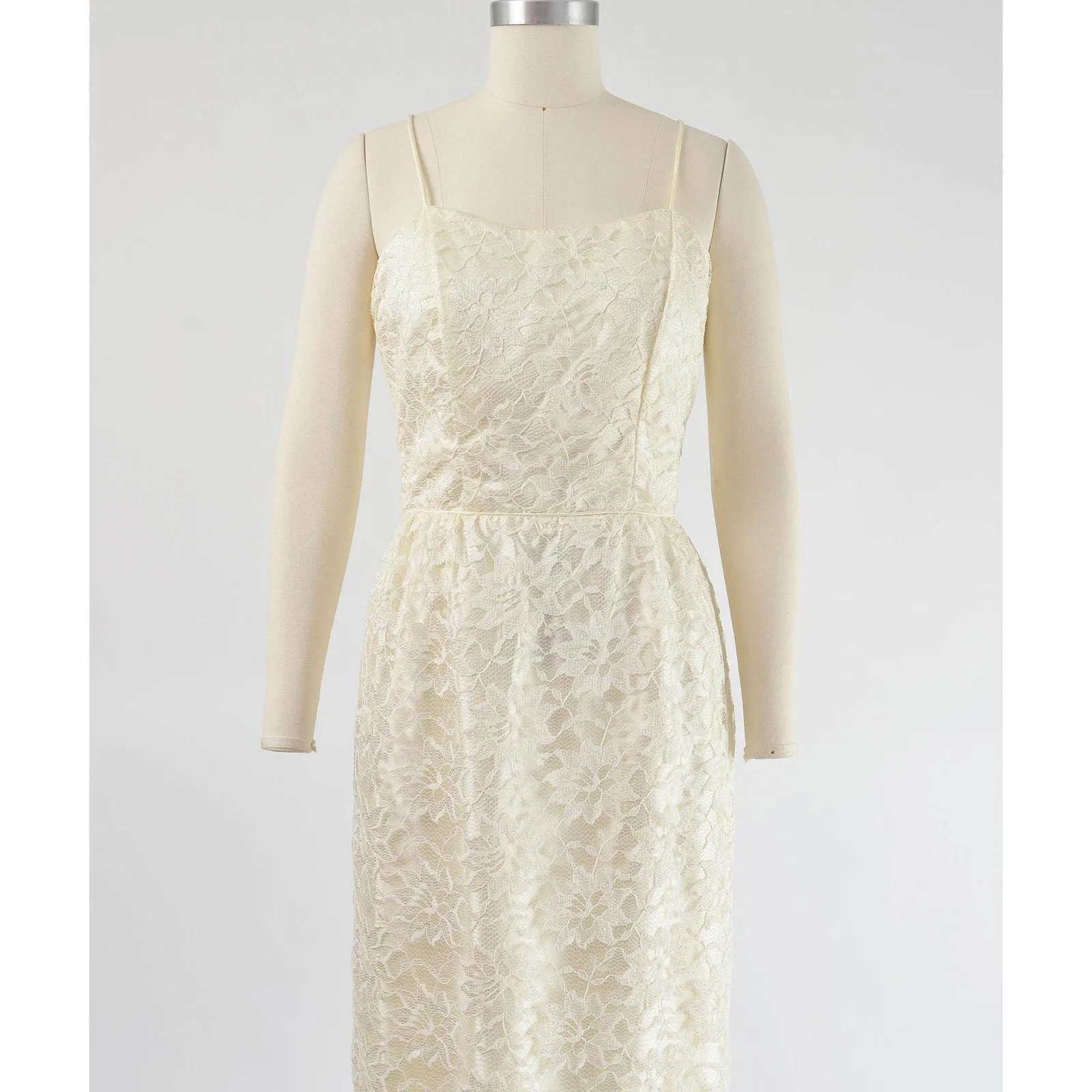 Vintage 80s does 60s Cream Lace Maxi Dress Spaghetti Strap Pencil Sheath Long Wedding Dress size XS
