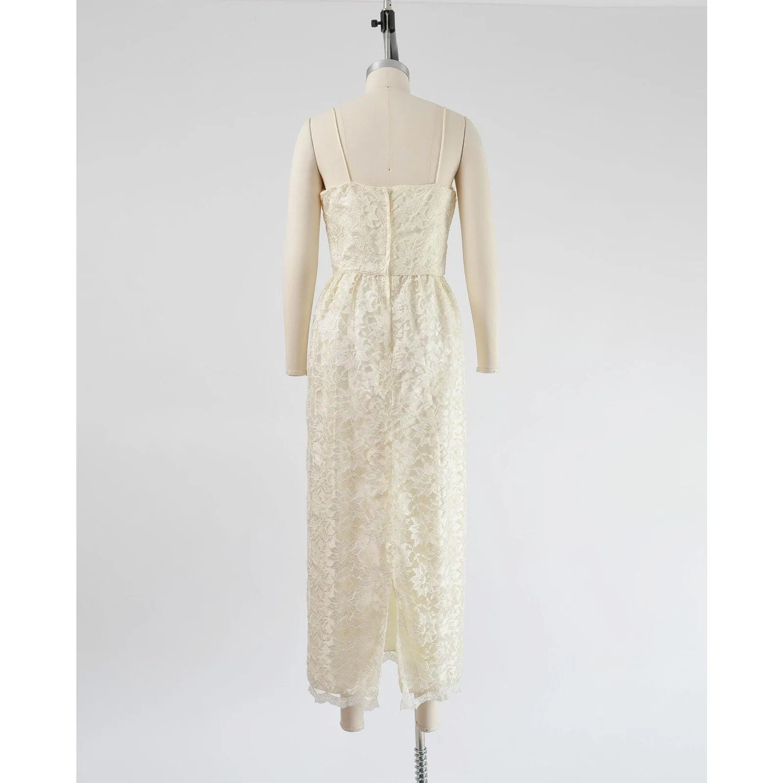 Vintage 80s does 60s Cream Lace Maxi Dress Spaghetti Strap Pencil Sheath Long Wedding Dress size XS