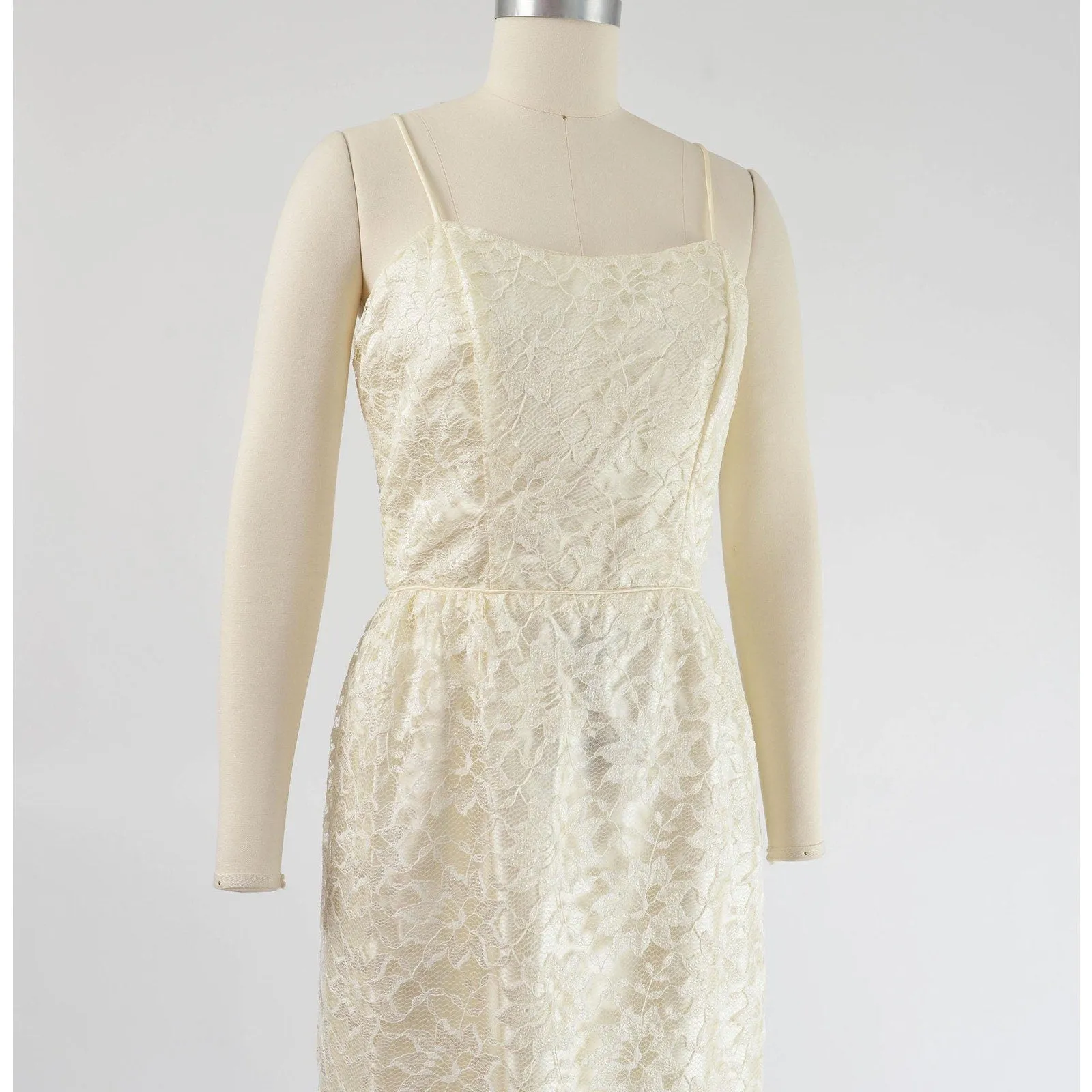 Vintage 80s does 60s Cream Lace Maxi Dress Spaghetti Strap Pencil Sheath Long Wedding Dress size XS