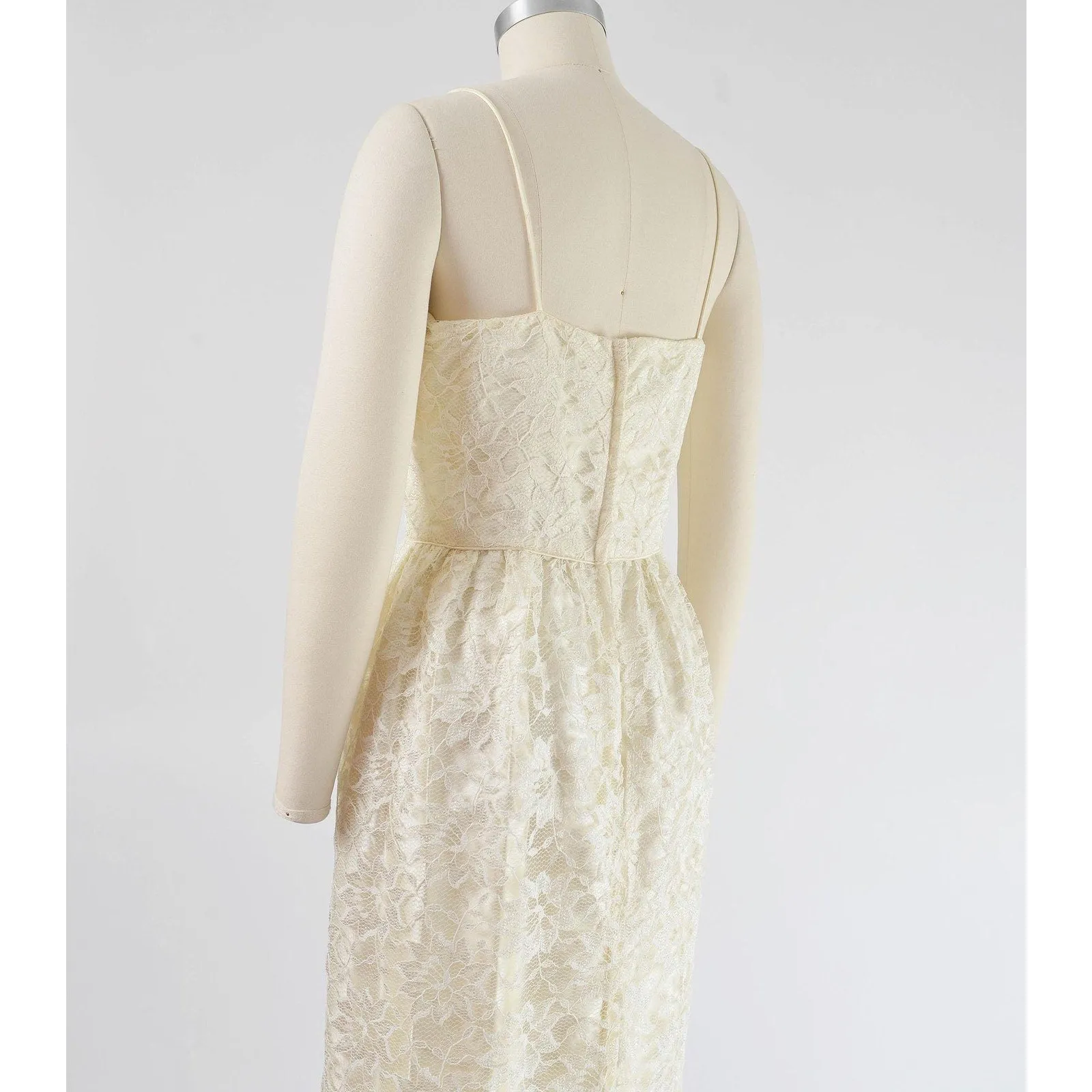 Vintage 80s does 60s Cream Lace Maxi Dress Spaghetti Strap Pencil Sheath Long Wedding Dress size XS