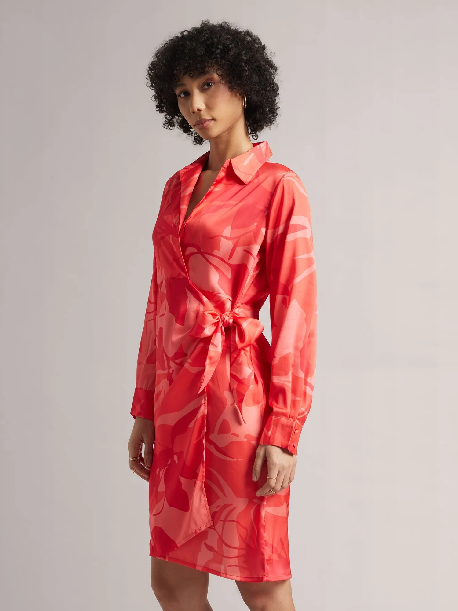 Women Coral Satin Abstract Wrap Dress