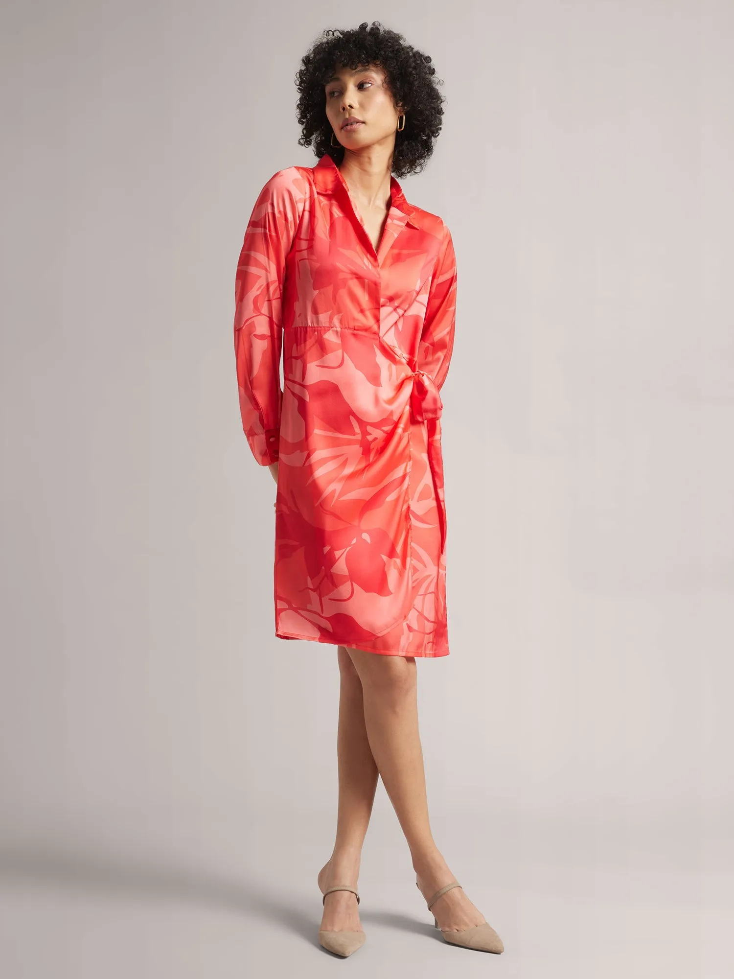 Women Coral Satin Abstract Wrap Dress