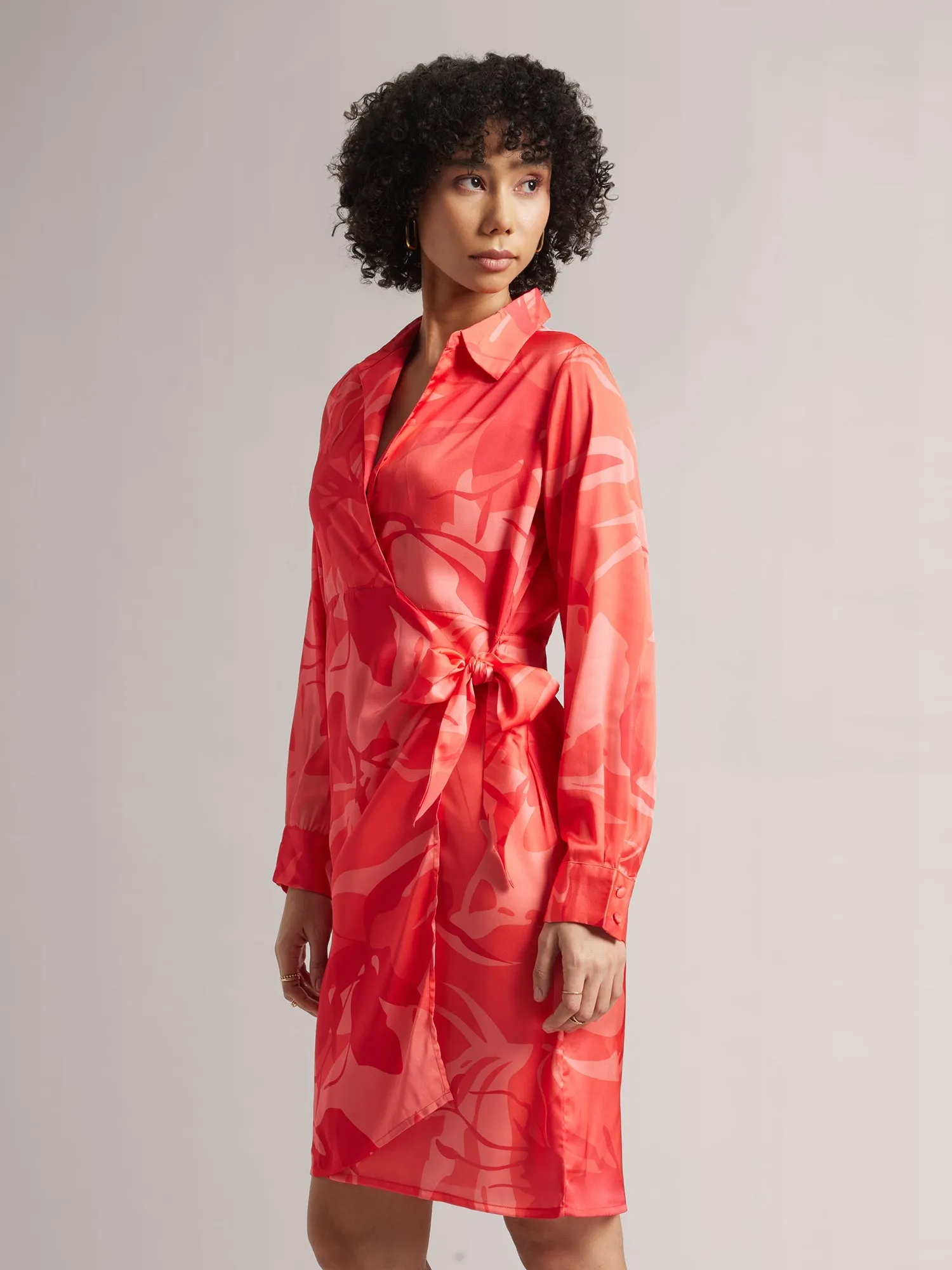 Women Coral Satin Abstract Wrap Dress