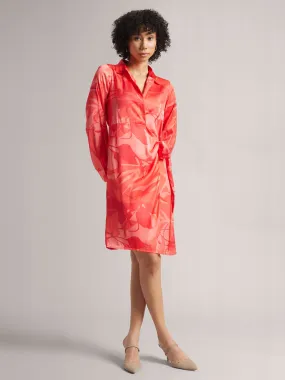 Women Coral Satin Abstract Wrap Dress