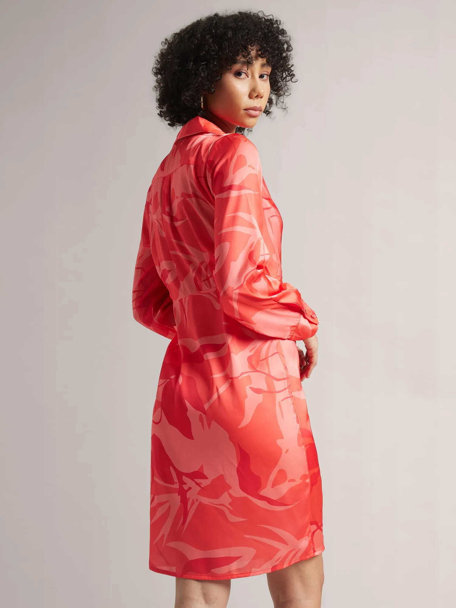 Women Coral Satin Abstract Wrap Dress