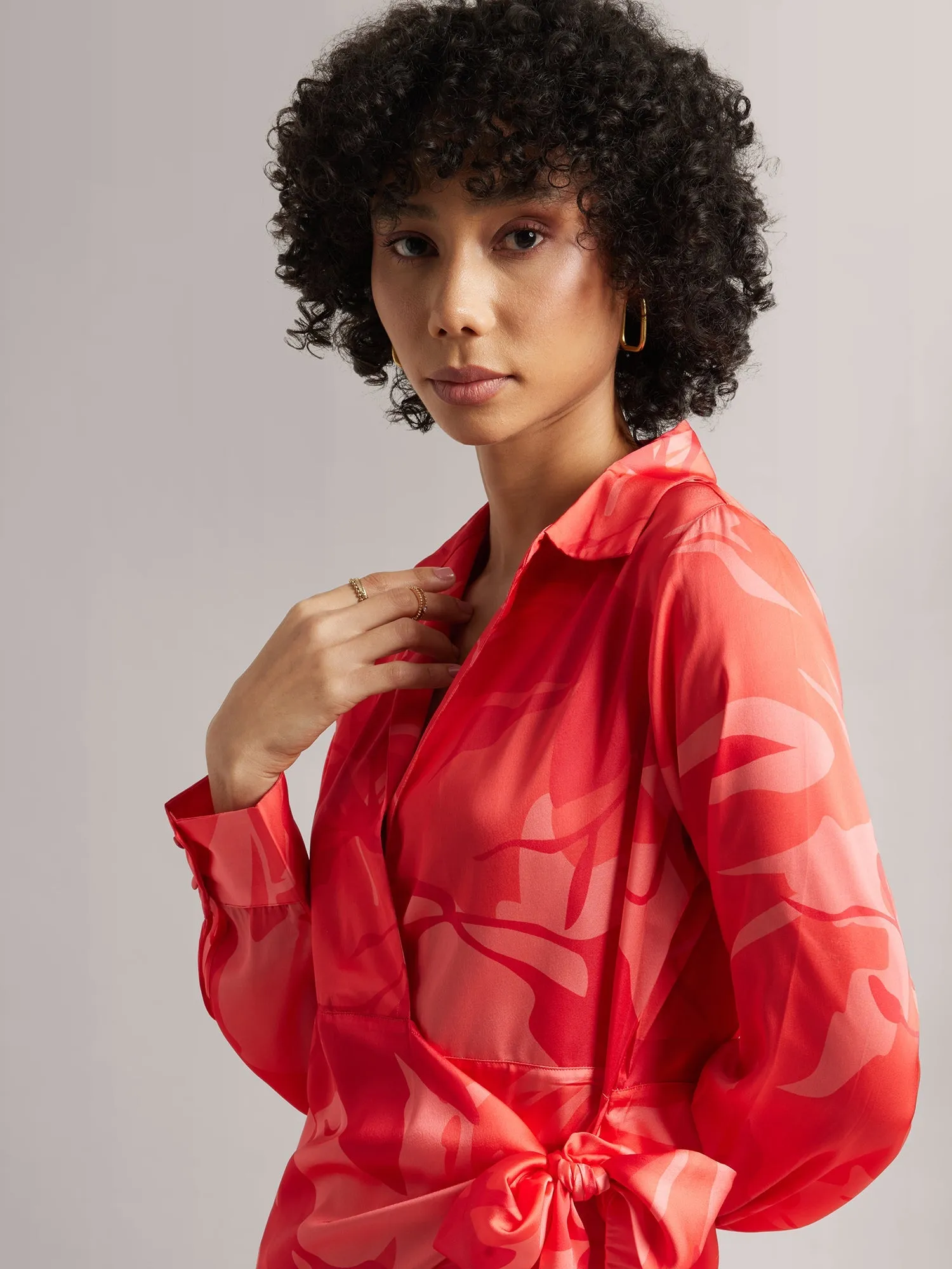 Women Coral Satin Abstract Wrap Dress